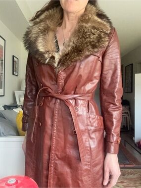 Vintage Women’s Real Fur Collar Leather Trench Coat - Burgundy